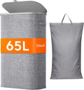 Lifewit 65L Slim Laundry Basket with Lid, Laundry Hamper with Plastic Handles and Removable Bag, Foldable Tall Dirty Clothes Hampers for Laundry for Laundry Room, Bedroom, Bathroom, Dorm, Light Gray