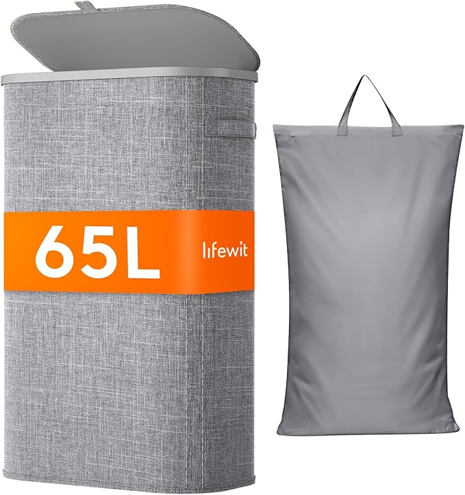 Lifewit 65L Slim Laundry Basket with Lid, Laundry Hamper with Plastic Handles and Removable Bag, Foldable Tall Dirty Clothes Hampers for Laundry for Laundry Room, Bedroom, Bathroom, Dorm, Light Gray