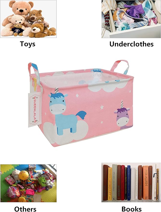 QUEENLALA Rectangular Laundry Hamper/Foldable Nursery Laundry Basket for Organizing/Storage Bin Baskets/Children Toy Office Bedroom/Toy Bin Closet Shelf Baskets（Rec-Unicorn）