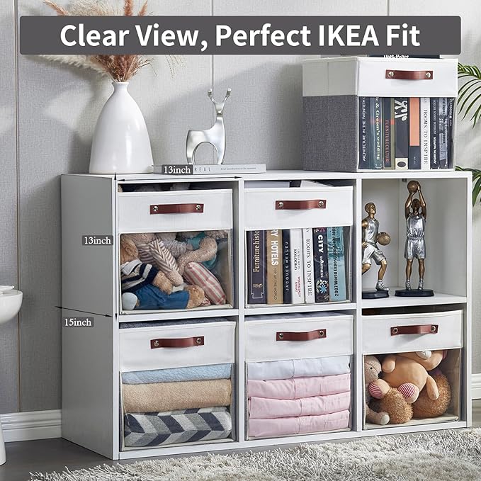 Storage Cubes, 4 Pack Linen Foldable Storage Bins with Clear Window and 2 Handles, 13x15x13 Storage Cube Bins for Shelf Closet, Kallax, Clothes, Books - (Gray and White)