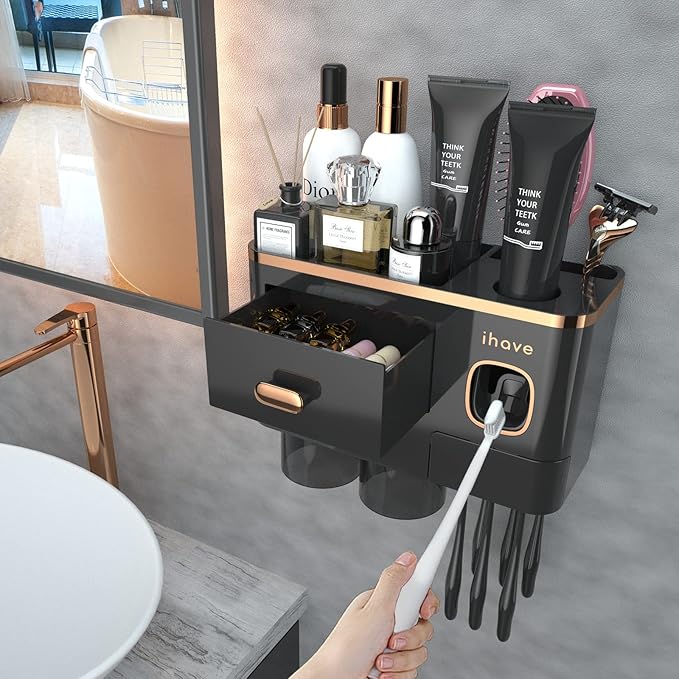 iHave Toothbrush Holders Wall Mounted with Toothpaste Dispenser & 2 Cups - Luxury Black and Gold Design for Bathroom Decor, All-in-One Bathroom Organizers & Storage for Toothbrushes and Accessories