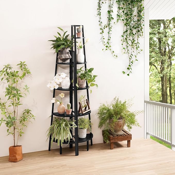 Yoobure Corner Shelf, 5-Tier Corner Bookshelf with Metal Frame & Wood Ladder Shelves - Display Shelf & Tall Bookcase, Plant Stand for Home Decor - Bedroom, Living Room, Office
