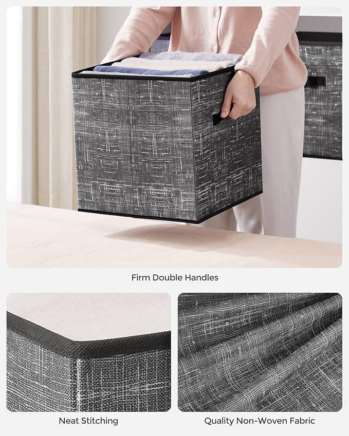 SONGMICS Storage Cubes, 13-Inch Non-Woven Fabric Bins with Double Handles, Set of 6, Closet Organizers for Shelves, Foldable, for Clothes, Classic Black UROB033B01