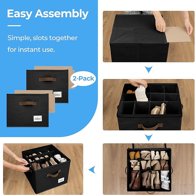 Cupic Cupid 2 Pack Shoe Organizer for Closet, Fits up to 12 Pairs, Shoe Cubby Storage Containers with Clear Cover, Black