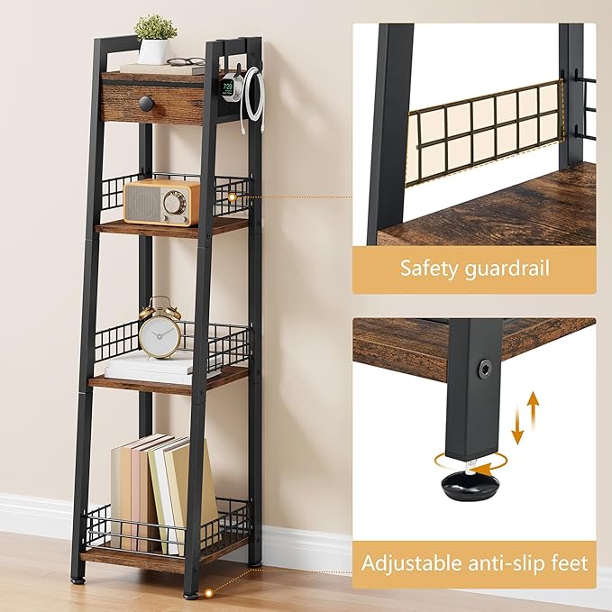 4-Tier Narrow Ladder Shelf with Drawer, Bathroom Table Stand for Small Space, Narrow Bathroom Standing Shelves with Storage for Living Room Bedroom Kitchen, Organizer Shelf, Rustic Brown