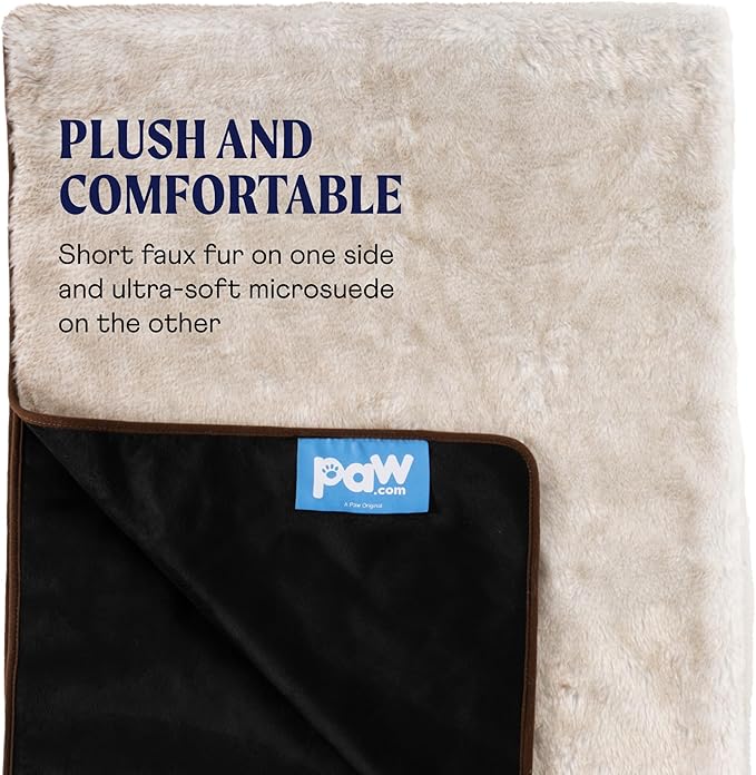 PupProtector Waterproof Throw Blanket for Dogs and Cats, Pet Blanket Cover for Couches, Sofas, Beds, Car Seats, Furniture, Calming Soft Faux Fur, White with Brown Accents, Large (80" L x 62" W)