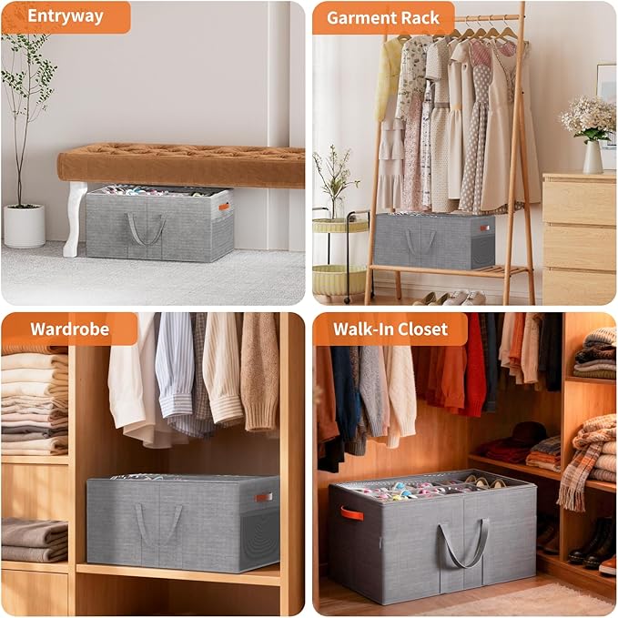 Aokeyee 2 Pack Shoe Organizer for Closet, Large Shoe Storage Box Fits up to 48 Pairs, Space Saving Foldable Shoes Organizer Bin w/Clear Cover and 4 Reinforced Handles, Grey