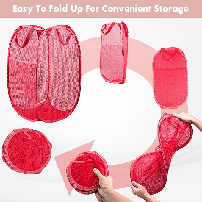 DUCOO Pop Up Hamper, 2 PCS Mesh Pop Up Laundry Hamper, Foldable Mesh Laundry Basket with Space Saving Design for Home, Dorm, Travel and Storage, Red