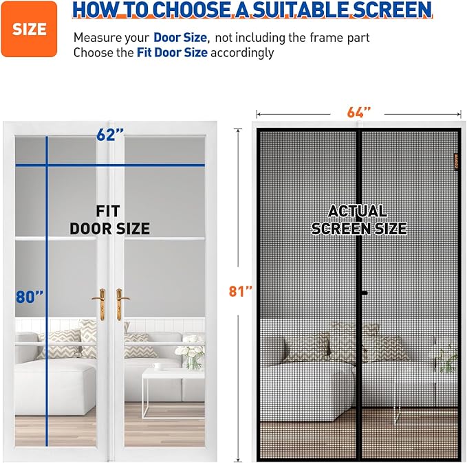 MAGZO Magnetic Screen Door Fit Door Size 62 x 80 Inch, Screen Size 64" x 81" Heavy Duty Polyester French Door Curtain with Hook&Loop Full Frame-Black