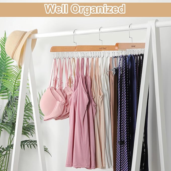 TOPIA HANGER Bra Hanger for Closet, 2 Pack Tank Top Hangers 40 Hooks Capacity Foldable Wood Space Saving Hangers Closet Organizer for Tank Top, Bra, Scarf, Belt, Tie, Hoodie etc - CT66N