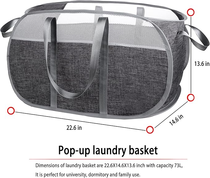 pop-up laundry basket，with Durable Handles collapsible Mesh laundry Hamper,Easy to Open and Fold,Premium Cationic Fabric… (Cationic Gray)……