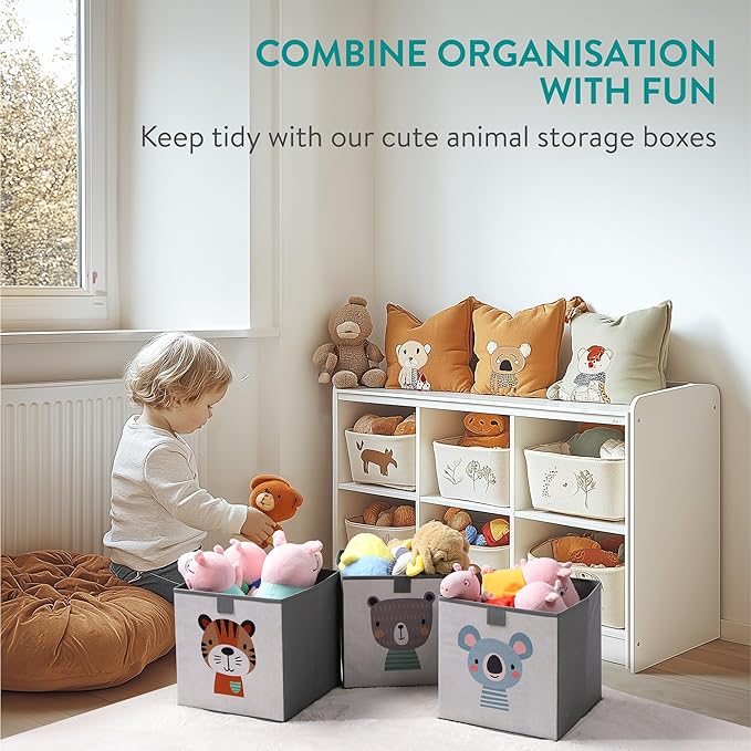Navaris Kids Storage Cubes Set of 3 - Kids Cube Fabric Organizer Storage Bins - Foldable Cloth Cube for Childrens Bedroom Baby Nursery - Book Toy Bin Cubby Storage - Beige