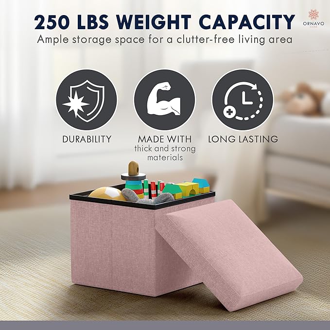 Ornavo Home Small Storage Ottoman Foldable Collapsible Cube Square Linen Ottoman Foot Rest Stool Seat, for Living Room, Bedroom, Home Office, Dorm - 12 x 12 x 12, Pink