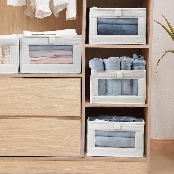 4 Pack Linen Storage Bins, Storage Containers for Organizing Clothing, Jeans, Toys, Books, Shelves, Closet, Wardrobe - Closet Organizers and Storage, Large Storage Boxes Baskets with Window