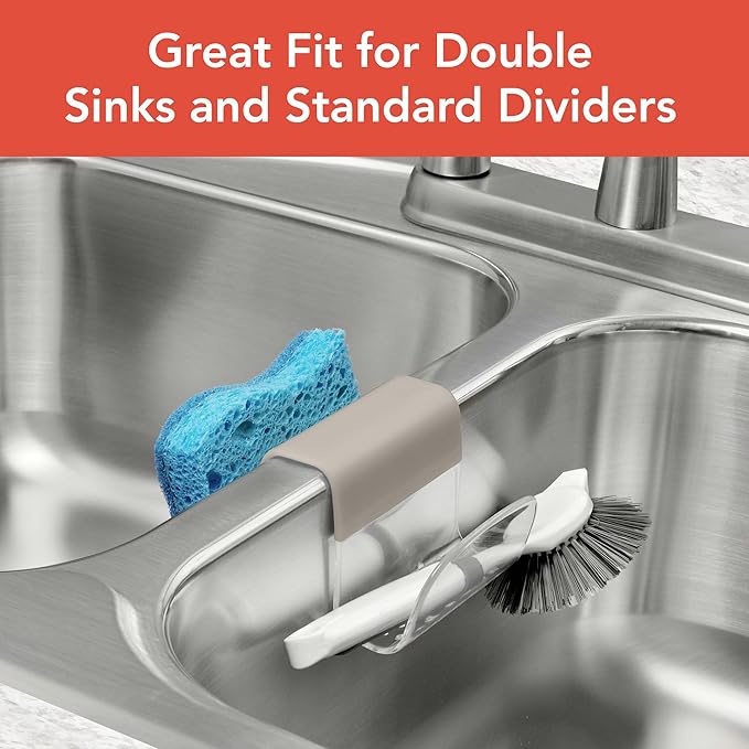 Spectrum Sink Saddle for Kitchen Sink Warm Gray Clear Sponge and Brush Holder Organizer, Dish Brush and Sponges Plastic Saddle Caddy for Double Sink Storage with Drain Holes for Quick Drying