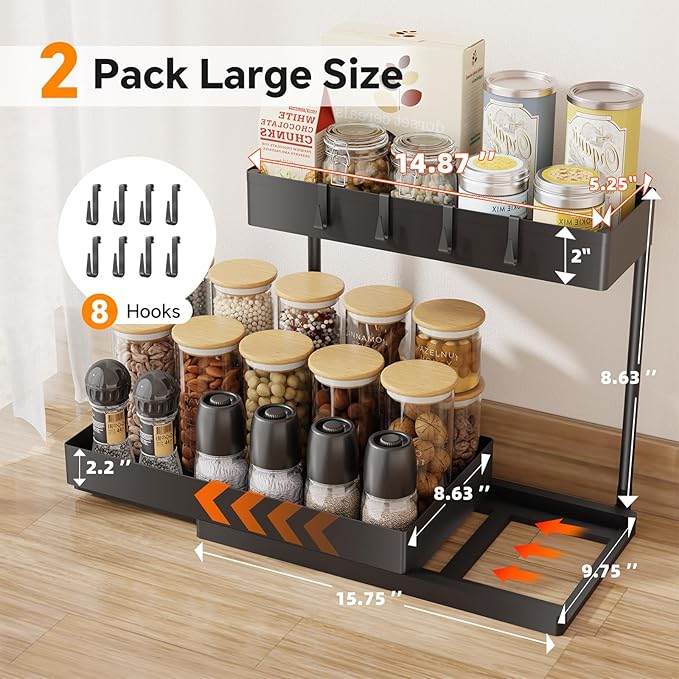 Simple Trending Under Sink Organizer 2 Pack, Sink Pull-Out Sliding Storage Cabinet, 2-Tier Under Shelf Organizer for Kitchen Bathroom with Hooks, Black