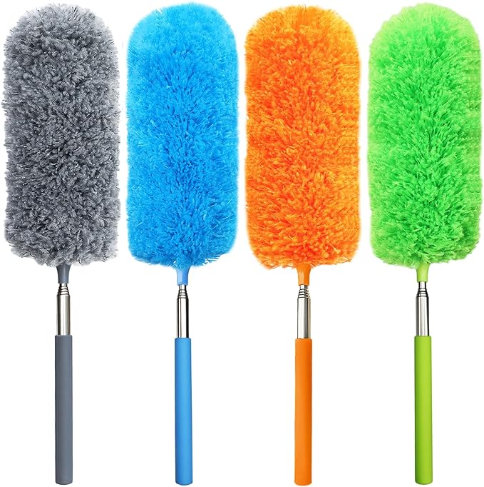 4 Pack Small Microfiber Feather Duster, with 13" to 30" Extendable Pole, Microfiber Head, Cleaning Tool for Cleaning Office, Car, Computer, Furniture, Sofa (Orange/Blue/Green/Gray)