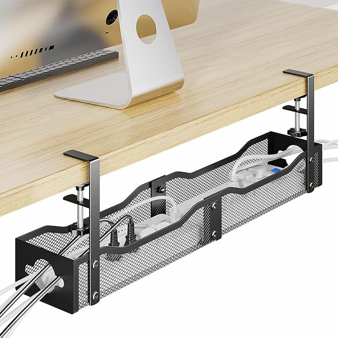 DELAMU 25'' Upgraded Cord Management, No Dill Under Desk Cable Tray with F-Clamp, Metal Cable Management Tray to Under Desk Organizer for Home Office, 1 Pack, Black