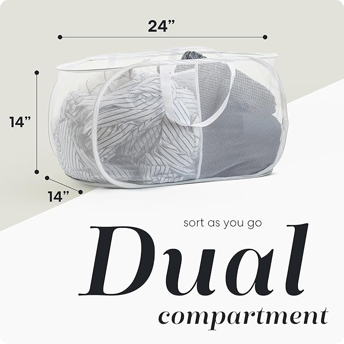 Foldable Laundry Basket - Popup and Collapsible, Durable Mesh Material, Folds for Storage, Easy Carry Handles - Great Hamper for College Dorm, Laundry Room or Travel (White, 2-Compartments)