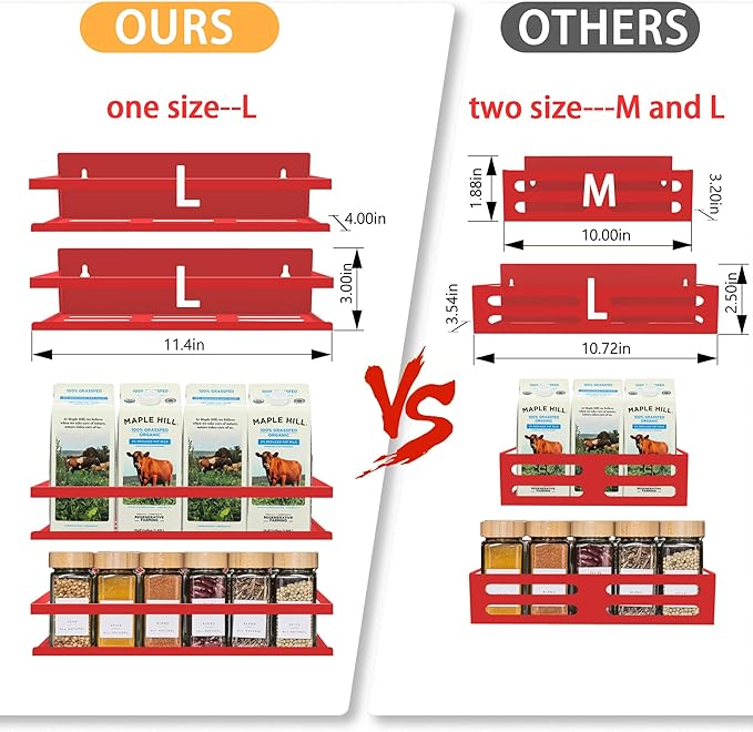 Magnetic Spice Rack for Refrigerator Seasoning Organizer for Spice Fridge Shelf storage Magnetic Shelf with Hook for Oven (4pack-Cut out-Red)