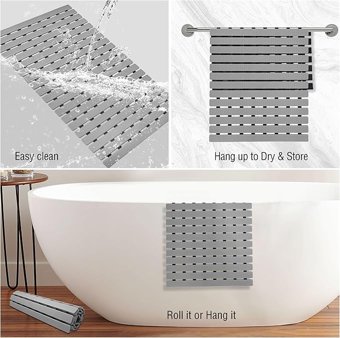 MBOSS Bathtub Mat Non Slip, Shower Mat for Inside Shower, Suction Cups Design and Drain Holes, 27.5 X 15.7 Inch, Bathroom Essentials Safe, Easy to DIY Cut, Soft and Eco-Friendly Materials