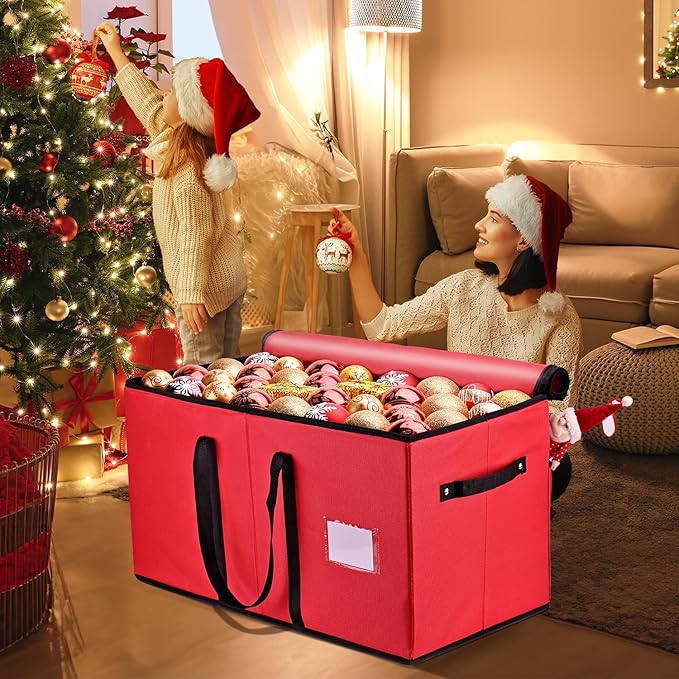 Mrrihand Christmas Ornament Storage Box, Ornament Storage Container with 8 Trays-Xmas Decoration Organizer Keeps 128 Holiday Ornaments 3-Inch, Dual Zipper Closure, 600D Tear-Proof（Red）