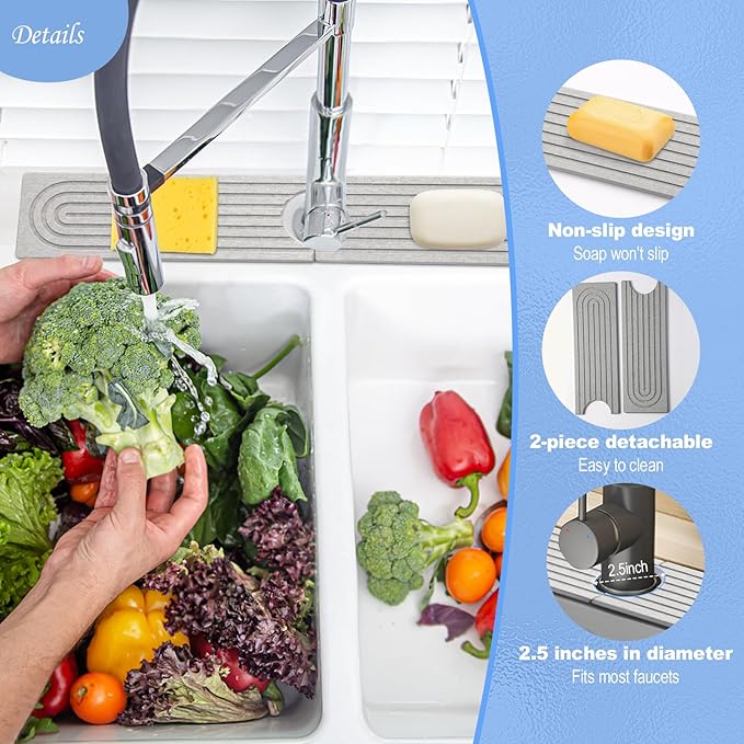 Stone Faucet Mat for Kitchen Sink- 15.6''x 3.9''Diatomite Fast-Drying Faucet Mat, Super Water Absorbing Stone Tray for Sink,Faucet Splash Guard for Bathroom Counter (Gray)