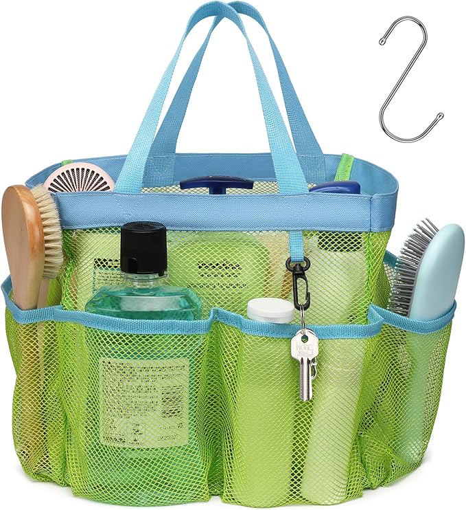 F-color Mesh Shower Caddy Portable, Upgrade Deeper 7 Pockets Shower Bag Basket Bag Tote for College Dorm Room Toiletry Bathroom Essentials Gym Camp Quick Dry 2 handles with S Hook