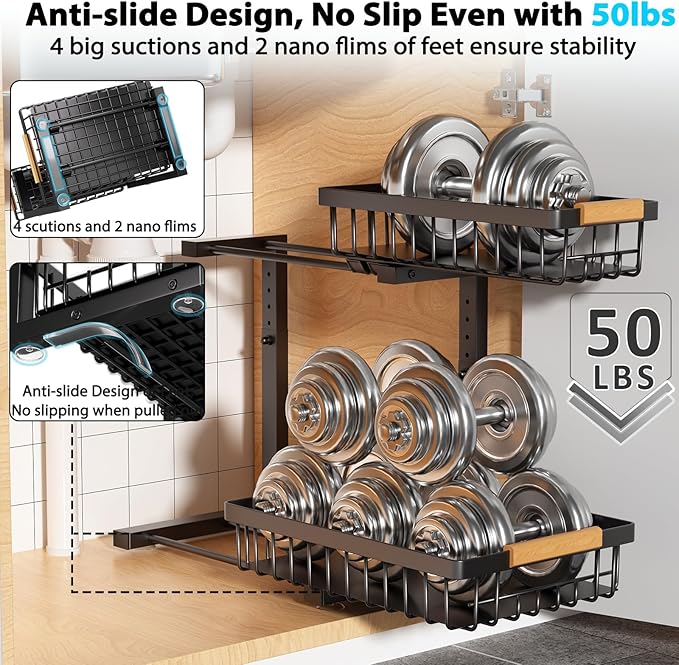 Under Sink Organizer Storage 1 pack, 2 Tier Slide Out Height Adjustable Pull Out Cabinet Organizer Drawers, Kitchen Bathroom Large Capacity Metal Under Sink Rack Caddy Basket Shelves, Black
