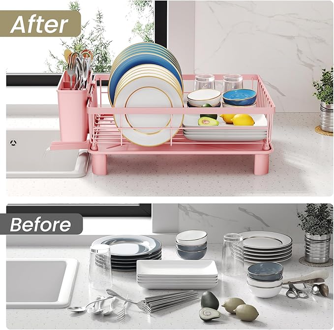 SNTD Dish Drying Rack - Small Dish Rack for Kitchen Counter, Stainless Steel Dish Drainer with Utensil Holder and Drainboard, 11" W x 15" L (Pink)