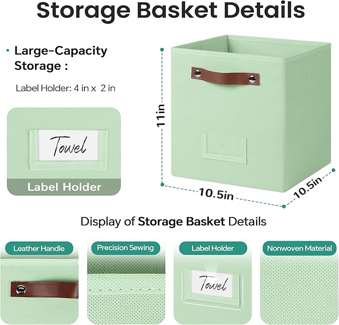 6-Pack Storage Cubes with Handles & Label Holders Basket, Closet Cube Home Organizer Bins(Green, 10.5*10.5*11 inch)