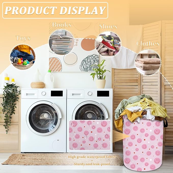 Pink Laundry Basket, Boho Laundry Hamper Foldable Waterproof Oxford Cloth Funny Tote Bag Dirty Clothes Storage Bucket Toy Organizer for Bathroom/Laundry/Bedroom 15.7"x 19.6"