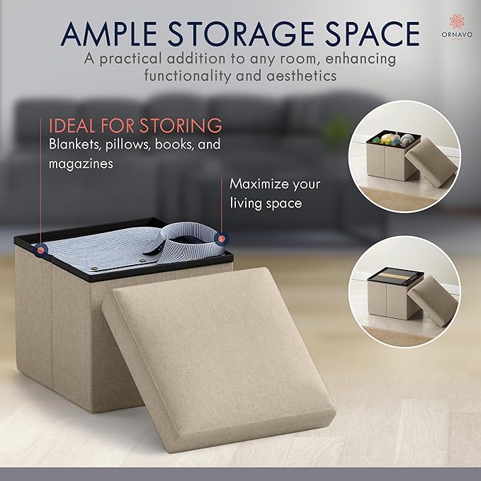 Ornavo Home Small Storage Ottoman, Set of 2 Foldable Collapsible Cube Square Linen Ottoman Foot Rest Stool Seat, for Living Room, Bedroom, Home Office, Dorm - 12 x 12 x 12, Taupe