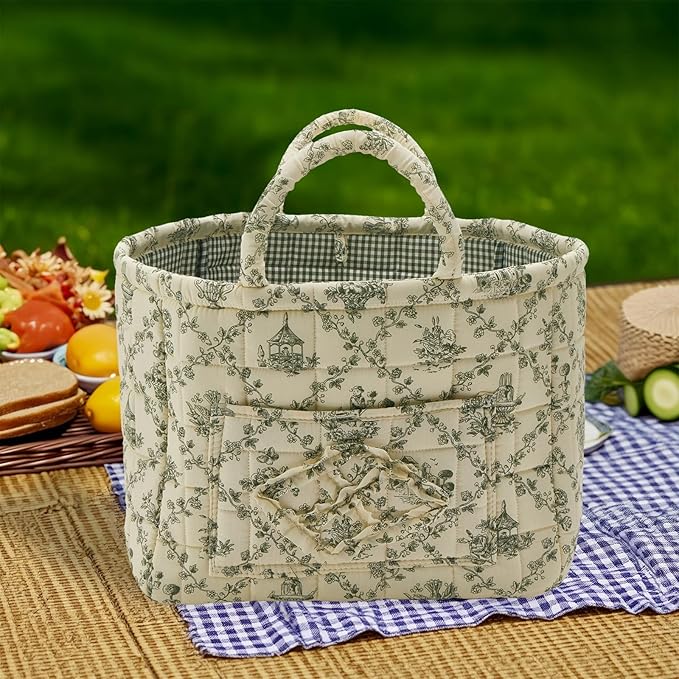 Quilted Fabric Storage Basket with Handles & Pocket, Foldable Laundry Hamper Boho Floral Print Organizer Bin for Home, Picnic, Office 12"x10"x10" (B-2)