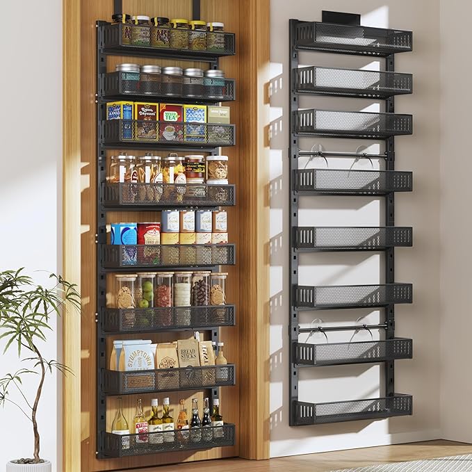 Pantry Door Organizers and Storage, 8-Tier Large Metal Heavy-Duty Frame Over the Door Spice Rack, 2 in 1 Wall-Mounted or Hanging shelf for Kitchen, Bathroom, Laundry Room, Bedroom, Closet &Nursery