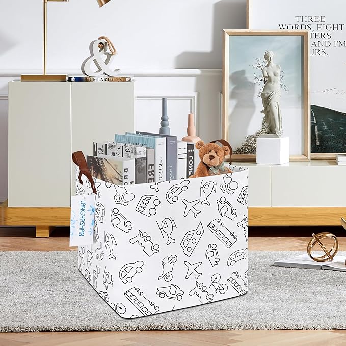 LANGYASHAN Square Storage Baskets Waterproof Canvas Children Laundry Nursery Hamper for Shelves Gift Baskets Toy Organizer Room Decor(Vehicle)