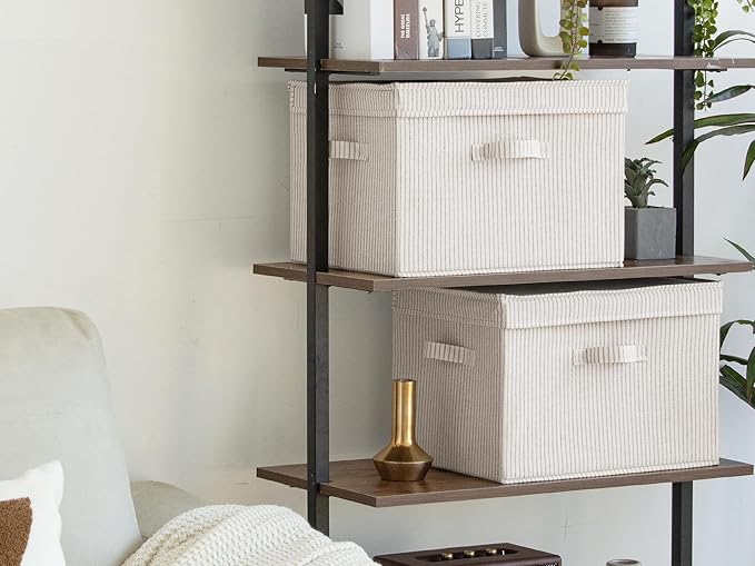StorageWorks Fabric Storage Bins with Lid, Decorative Storage Boxes for Shelves, Stackable Closet Organizer Basket with Handles, Jumbo, Khaki and Beige Stripes, 2-Pack