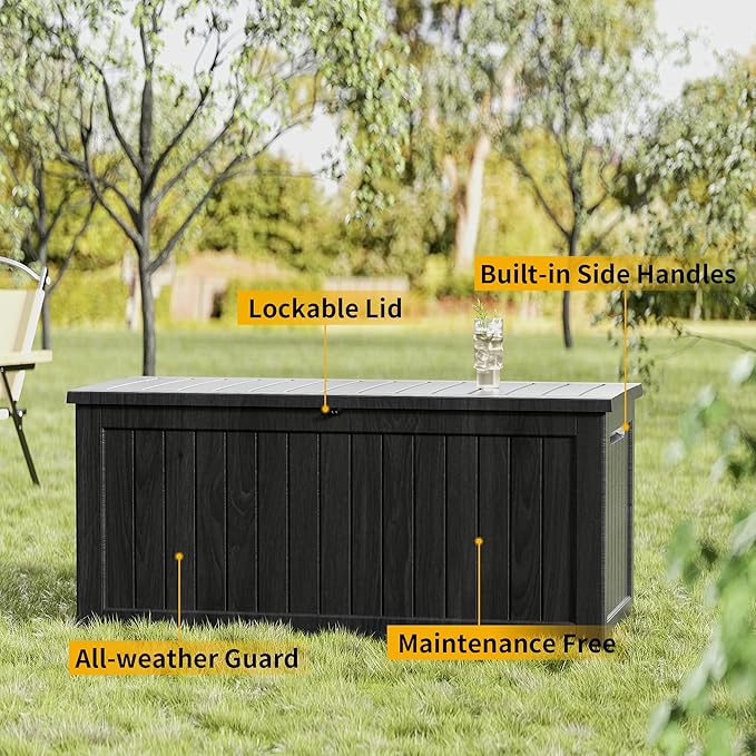 Outdoor Storage Box Waterproof, 270 Gallon Lockable Resin Deck Box Large, Patio Storage Bin for Pool Accessories Cushion Furniture, Garden Tools, UV-Resistant Outside Delivery Black