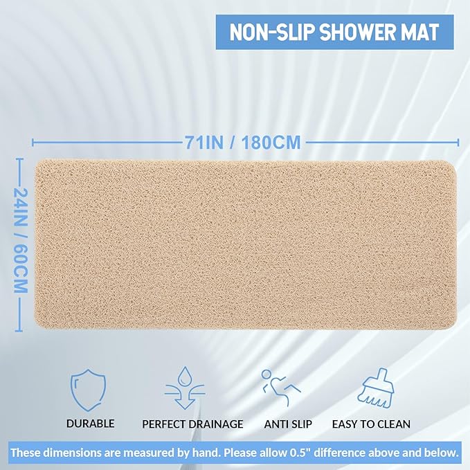 Hargiis Non-Slip Bathtub Mat, Anti Slip Shower Mat, Fast Drying Bathtub Mats, Foot Scrubber Mat, Anti Slip Mat for Tub, Floor, Bathroom, Kitchen, Home, Hotel (Beige 71"×24")
