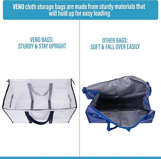 VENO 10 Pack Moving Bags and Large Christmas Storage Bins with lids. Alternative to Moving Boxes, Packing Supplies for College. Extra Large Heavy Duty Totes for Packaging (Clear, 10 Pack)