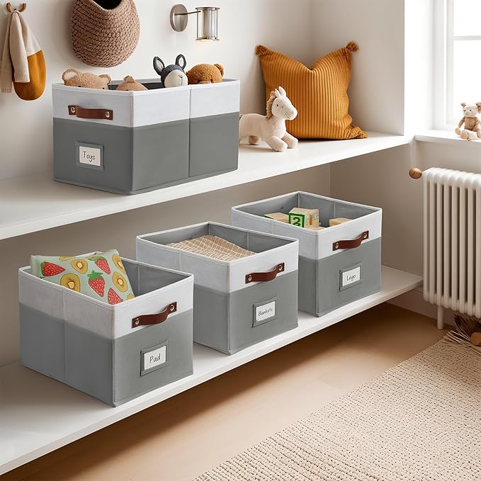 DECOMOMO Storage Baskets for Shelves - Large 15"x11"x10" Foldable Fabric Storage Bins, Baskets for Organizing with Labels (Grey & White, 4pcs)