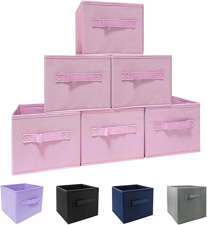 Pink Bins[6 Pack] 9.0"x7.5"x7.5" Small Size Fabirc Foldable Closet Toy Organizer Collapsible Cloth by BIGIC…