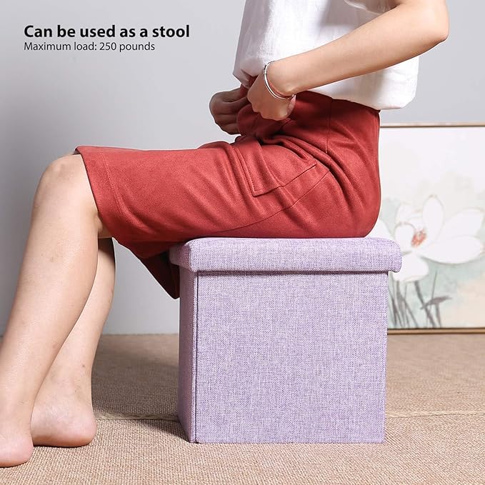 B FSOBEIIALEO Storage Ottoman Cube, Linen Small Foot Seat, for Living Room, Bedroom, Home Office, Dorm Storage Footrest Light Purple 11.8"x11.8"x11.8"