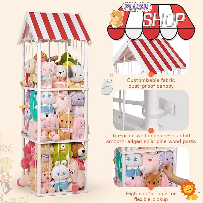 Stuffed Animal Storage, Space Saving Vertical Stuffed Animal Holder Wood, Easy Assembly Cottage-Style Plush Toys Organizer for Kids Bedroom & Playroom (White, Large)