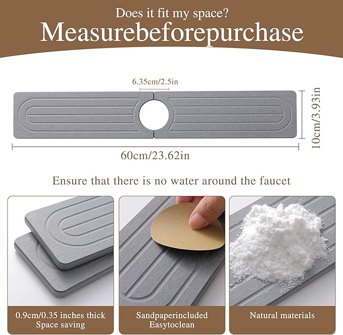 Faucet Mat for Kitchen Sink,Diatomite Fast Drying Stone Sink Tray,Faucet Splash Guard for Bathroom Counter [23.6"x4"],Super Absorbent, Prevents Moisture Buildup