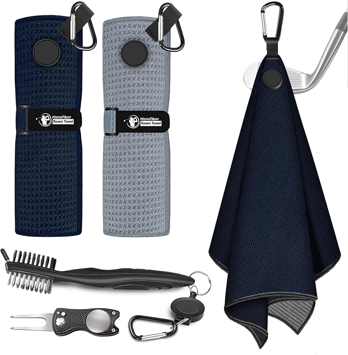 Golf Towel, 2 PCS Magnetic Golf Towels with Brush and Divot Tool, Microfiber Waffle Pattern with Clip for Men, Industrial Strength Magnet for Strong Hold to Golf Bags, Carts or Clubs (Black Gray)