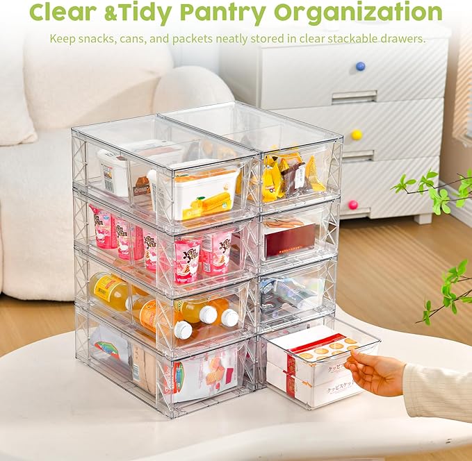 8 Pack Acrylic Storage Drawers, Clear Stackable Storage Drawers, Acrylic Organizers Drawers for Under Sink, Pantry, Bathroom, AcrylicStorage Containers for Makeup Organizers Cosmetic Display, Medium