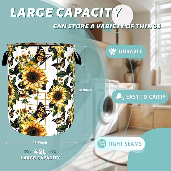 Yellow Sunflower Butterfly Laundry Basket Flowers Foldable Funny Laundry Hamper Oxford Cloth Colorful Tote Bag Clothe Toy Storage Bucket 18.9" x 16.5"For Bathroom/Laundry Storage/Bedroom