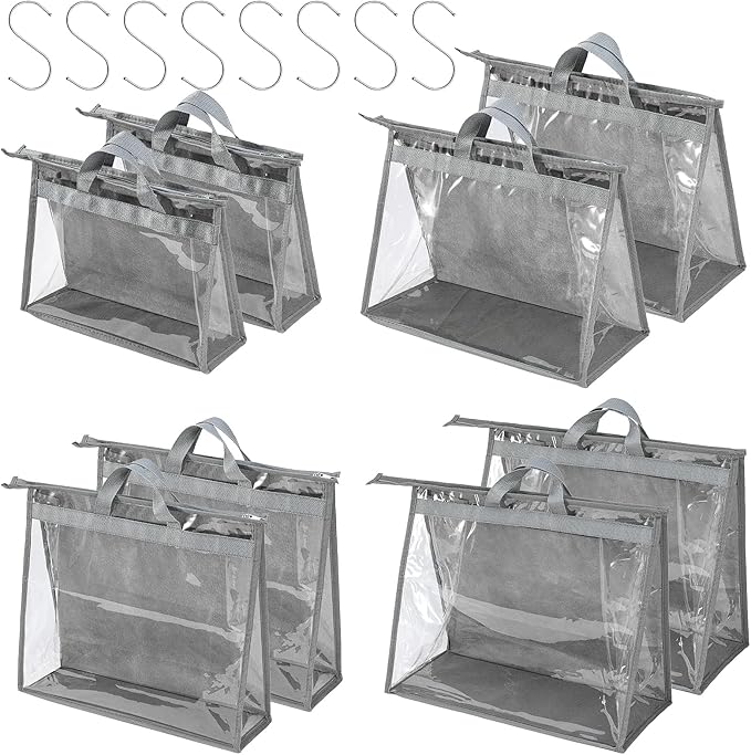 CINPIUK Handbag Dust Bags Clear Purse Storage Organizer for Closet Small to Extra Large Handbags Dust Free Bags Hanging Zipper Storage Bag with Hooks, ( Grey, 4 Sizes-8PCS)
