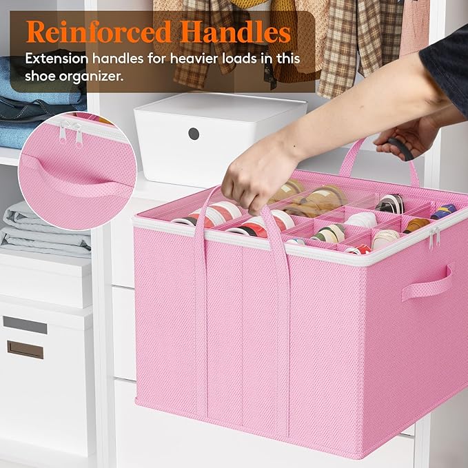 Lifewit Shoe Storage Organizer for Closet, Fabric Large Shoe Box Storage Containers with Clear Cover, Foldable Bins for Boots Heels Sneakers Fits 24-32 Pairs (Each 12-16 Pairs) 2 Pack Pink